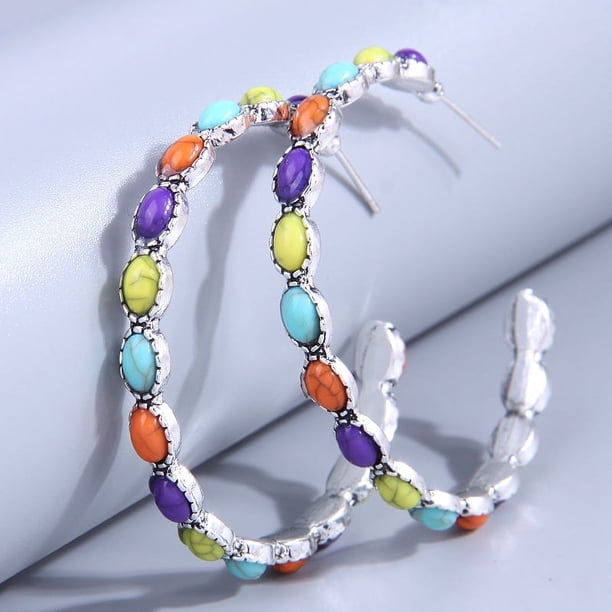 1pair Bohemian Turquoise Metal Hoop Earrings - Silver Plated Party Jewelry for Women and Girls - Unique and Stylish Accessory
