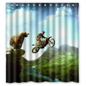 Pinghai - Cortina De Ducha Con Diseño De Oso Y Motocicleta En El Acantilado, Con Ganchos, 66 X 72 Pulgadas