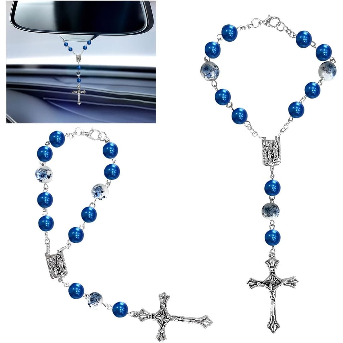 Rosario Auto Smilfuy Azul Cuentas Ceramica Espejo Retrovisor 2pcs