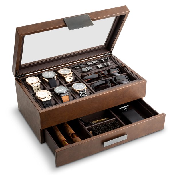 Caja de joyería Glenor de fibra de carbono marrón – Estuche para relojes, gemelos y gafas de sol