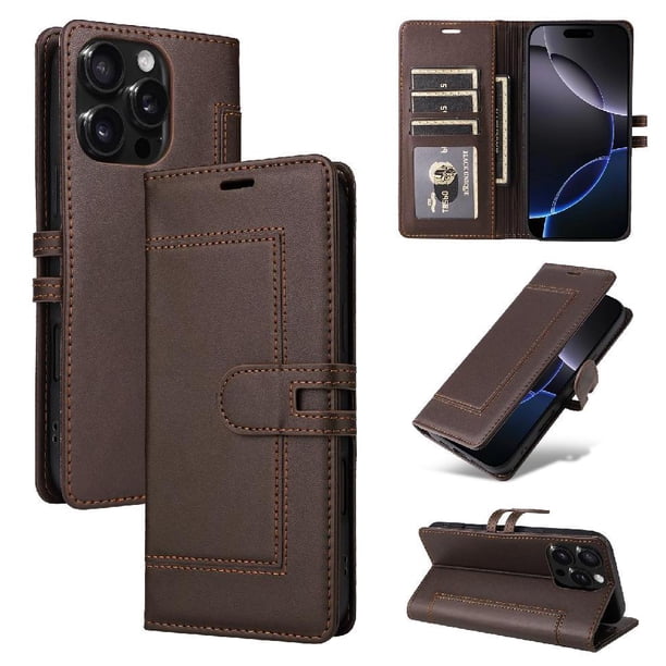 Premium Wallet Case for iPhone 16 Pro Max with Card Slots & Kickstand, Flip Cover Brown