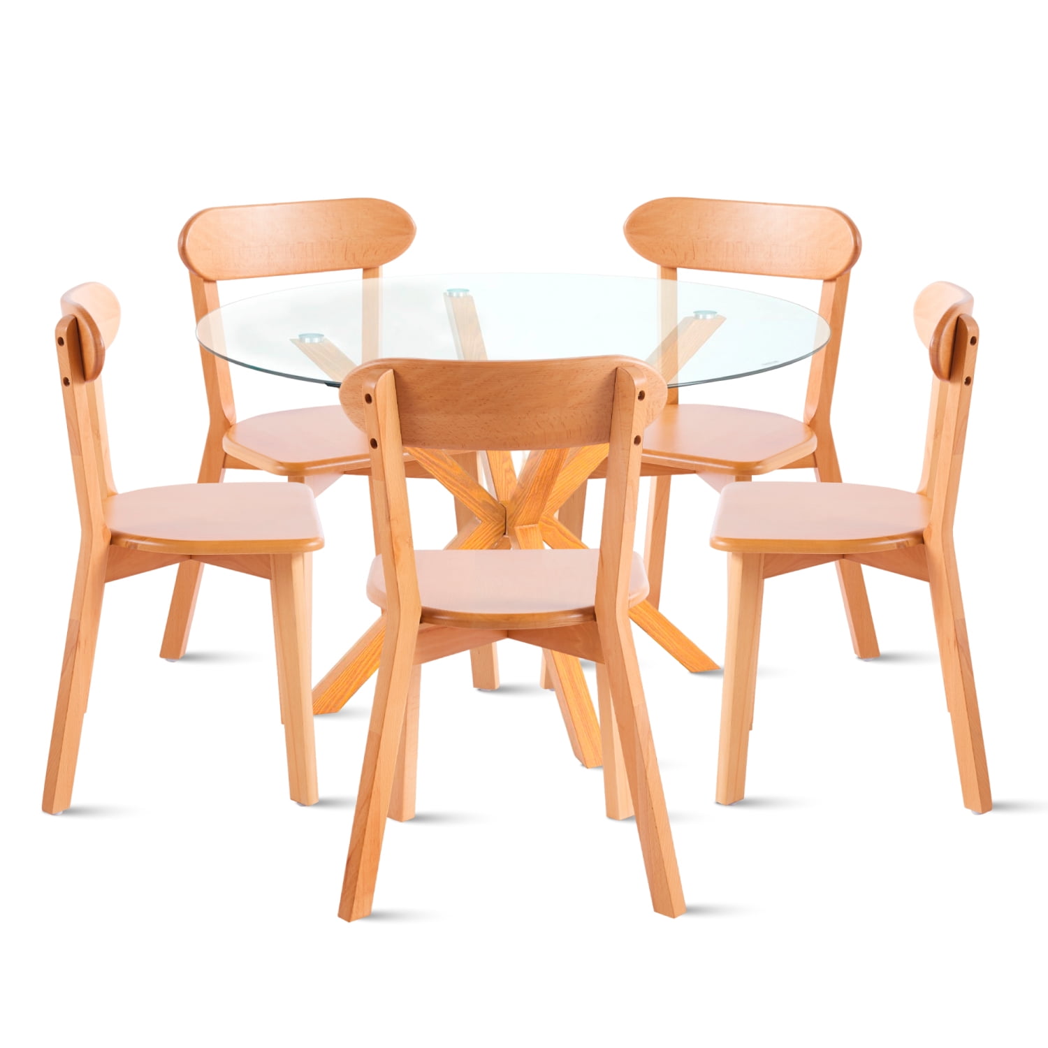 Klik Muebles - Comedor Redondo De Vidrio Cross 120cm + 5 Sillas Fresno De Madera - Natural