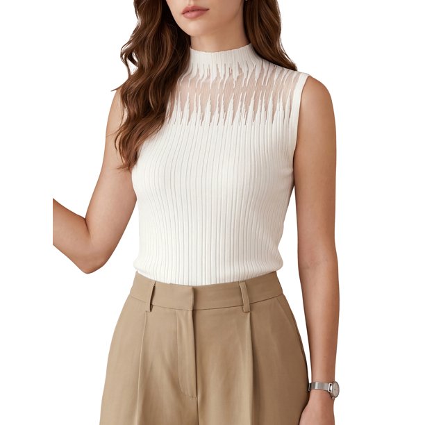 INSPIRE CHIC Top de Tirantes para Mujer Hueco Transparente Malla Sin Mangas Cuello Simulado Tejido de Punto Casual Sexy Elástico Suéter Chaleco Blusa Pequeño Blanco
