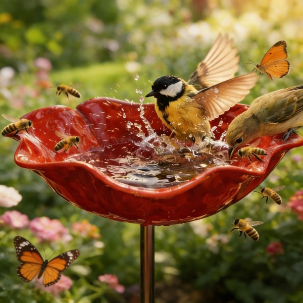 Estaca jardín flor metal hecha mano baño pájaros estación agua polinizadores exterior