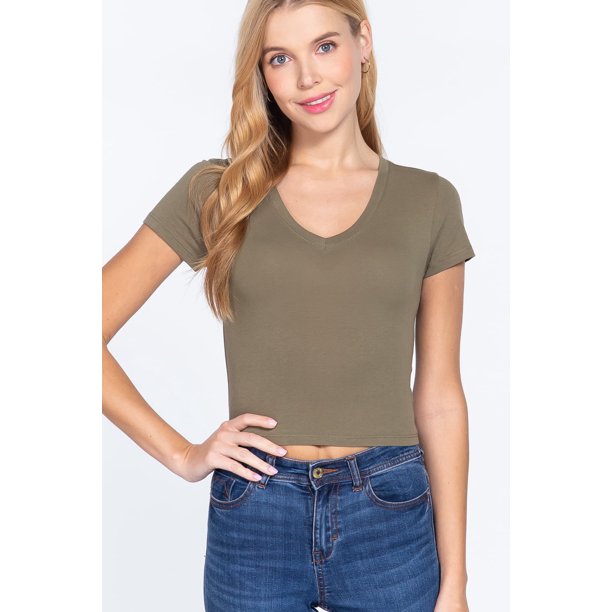 Saronite Top Corto Básico de Algodón con Cuello en V y Manga Corta, Color Oliva (para Mujer)