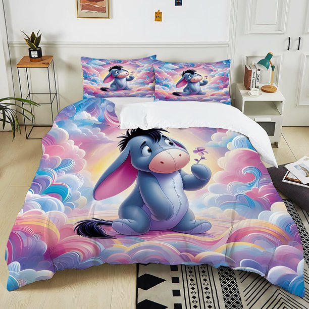 v2047 Bed Sheets Winnie The Pooh Eeyore Printed Bedding Set PC Duvet Cover Pillowcases Adult and Children Warm Soft Bedding Set Luxury Gift 3-Piece Bedding Set (1 Duvet Cover + 2 Pillow Shams) Bed S
