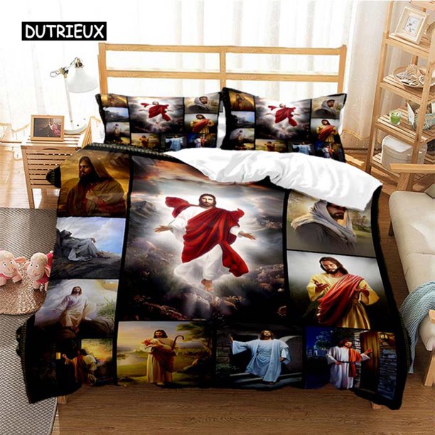 x1998 Bed SheetsJesus Duvet Cover Christian Sacred Jesus Bedding Set Comforter Cover Suitable for Christian Jesus Bedding God Bless You Gifts 3-Piece Bedding Set (1 Duvet Cover + 2 Pillow Shams) nj199