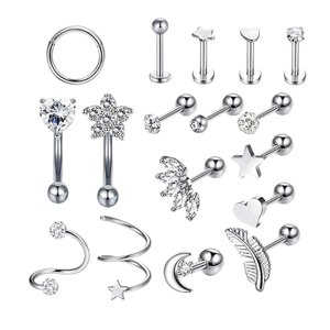 Ioensy - 17 Uds Pendientes De Oreja De Acero Inoxidable Piercing Joyería Anillos De Nariz Plata