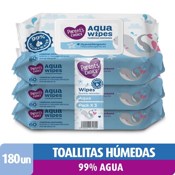 Toallitas Húmedas Parent's Choice 99% Agua, Pack, 180 Un