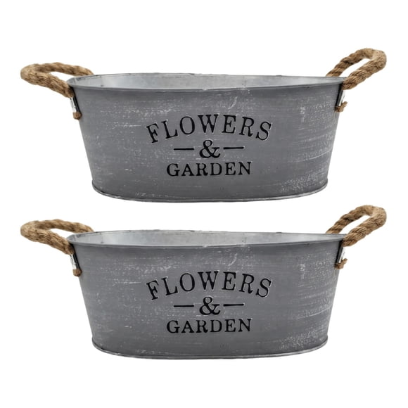 Set 2 Macetero Metalico Gris Ovalado Decorativo Con Asas L