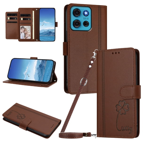 Funda Cartera Trébol para Motorola Moto G75 5G con Ranuras Tarjetas y Carga Inalámbrica Marrón