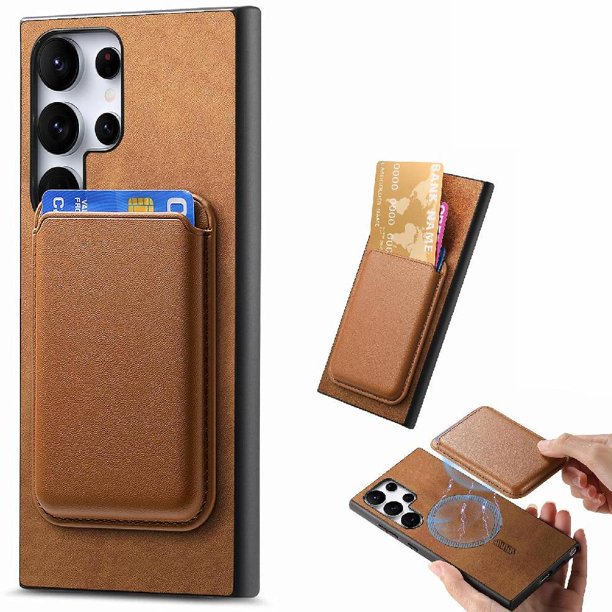 Funda de Cuero Magnética con Tarjetero para Samsung Galaxy S23 Ultra Cubierta Delgada Marrón