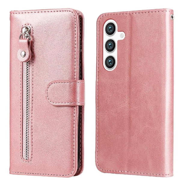 Funda tipo cartera para Samsung Galaxy S25 Plus con bolsillo con cremallera y ranuras para tarjetas – Función de soporte Rosa