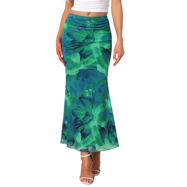 INSPIRE CHIC Falda Maxi de Verano para Mujer Cintura Alta Floral de Malla Boho Bodycon Cola de Sirena Faldas Largas M Azul Verde