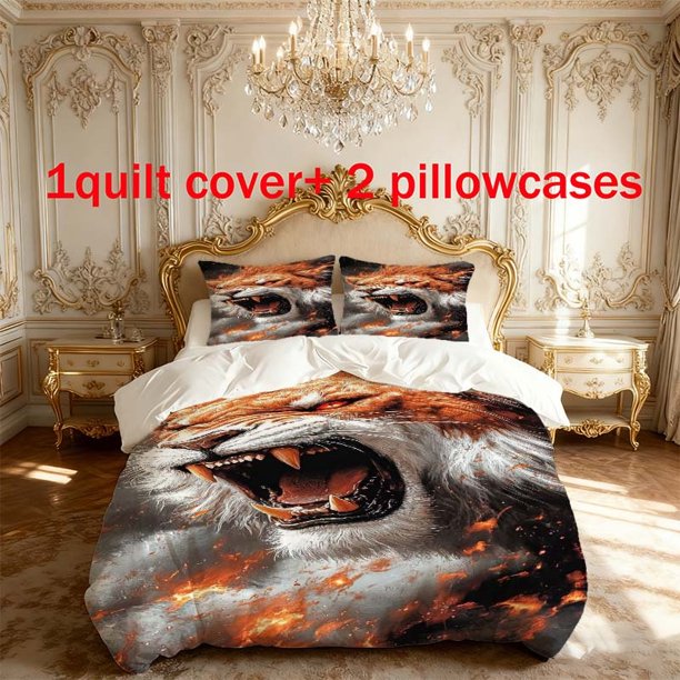 3pcs Fire Lion Beast Themed Printed Bedding Set Duvet Cover and Pillowcases