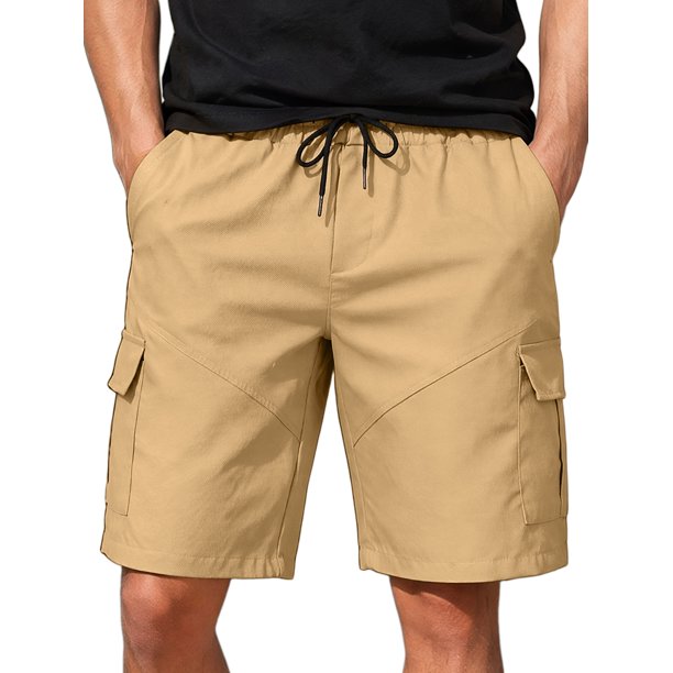 INSPIRE CHIC Pantalones Cortos de Carga para Hombre de Verano con Cintura de Cordón y Múltiples Bolsillos para Gimnasio y Correr S Caqui