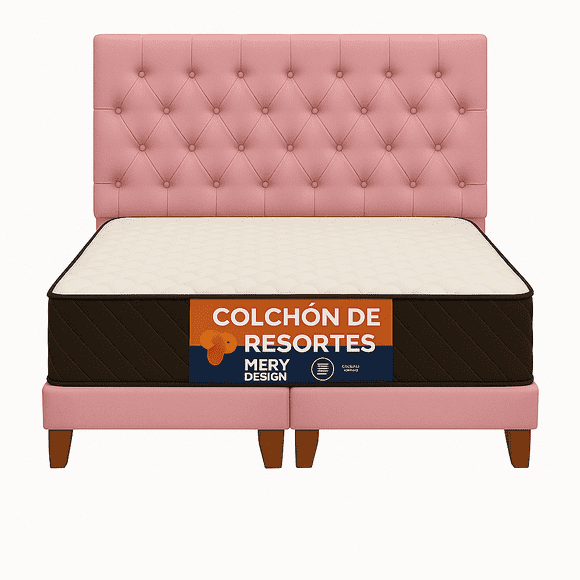 Cama 2 plaza Capitoné + Respaldo 2P Capitone Rosado + Colchón 2P Mery Desing