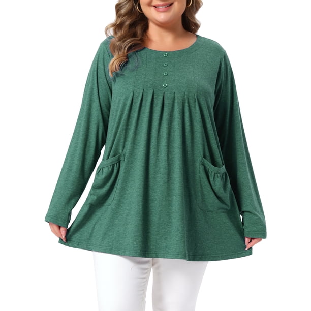 Agnes Orinda Blusa de Túnica para Mujer de Talla Grande para Escuela o Universidad, Cuello Redondo, Manga Larga, Plisada, Decoración de Botones Henley, con Bolsillos 1X Verde Oscuro
