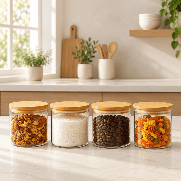 Set 4 Frascos Vidrio Y Bambu 300ml Especias 8.5x8cm