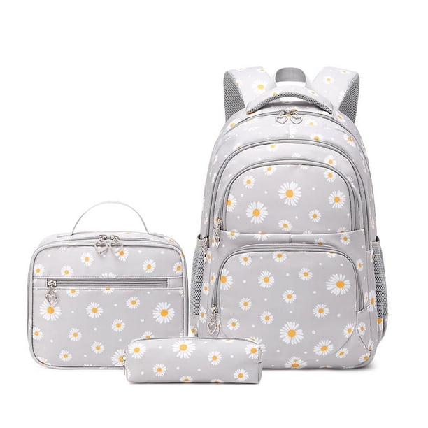 Daisy Prints School Backpack Set with Lunch Kits Bookbag for Teenager Girls 3pcs SchoolBag for Primary Student Book Bag