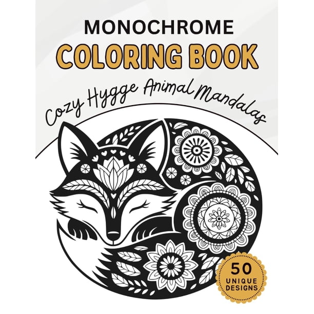 Libro para colorear monocromático de animales y mandalas con estilo hygge y acogedor para adultos