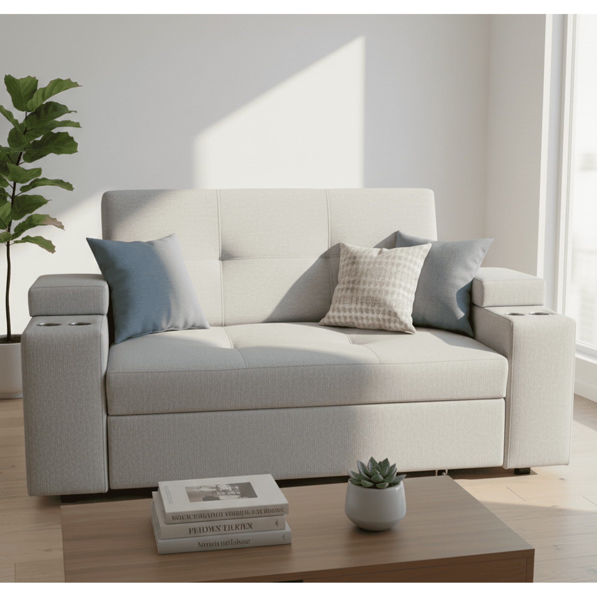 Sofá Cama Elite 2 Plazas Con Portavasos Y Baúl Lateral | Gris Claro | Camila Home