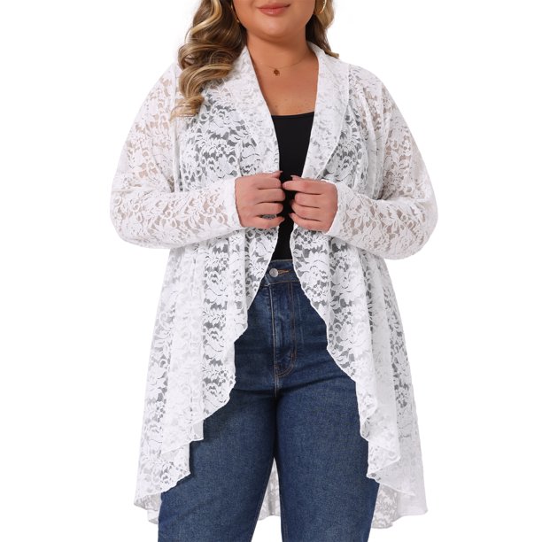 Agnes Orinda Conjuntos de Halloween Talla Grande Cárdigan de Encaje para Mujeres Cárdigans con Volantes Abierto al Frente Manga Larga Encaje Transparente Crochet Cubierta 3X Blanco