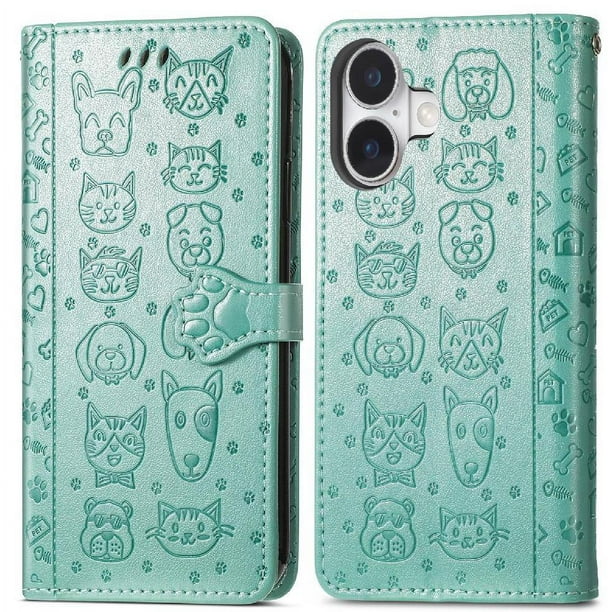 Funda Cartera FOXDOCK para iPhone 16 , Flip PU con Relieve de Gatos y Perros, Tarjetero y Soporte