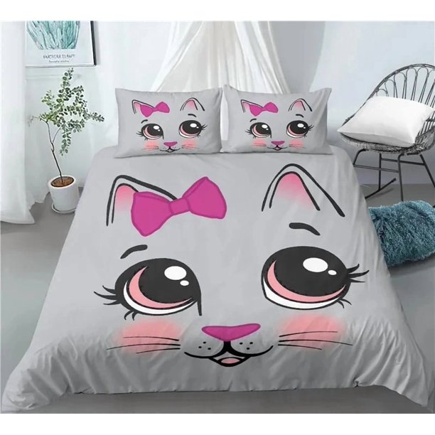 Cat Duvet Cover Queen Size,Cartoon Kitten Sleeping on Crescent Moon Stars Night Dreams Polyester Comforter Cover for Boys
