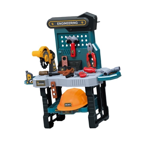 Banco de herramientas para niños, banco de herramientas, juguete, taladro eléctrico, banco de trabajo de construcción, juguete interactivo para comuni azul con sombrero