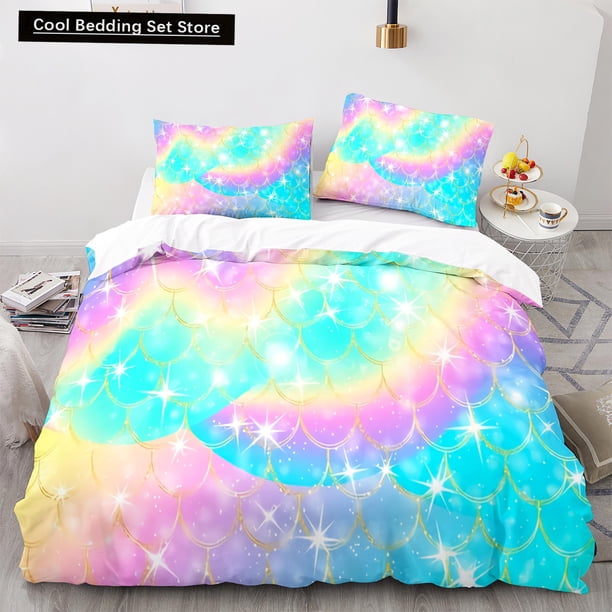 Mermaid Tail Duvet Cover Size Kids Fish Scales Bedding Set Girly Ocean Animal Princess Polyester Quilt Cover Bed Sheets