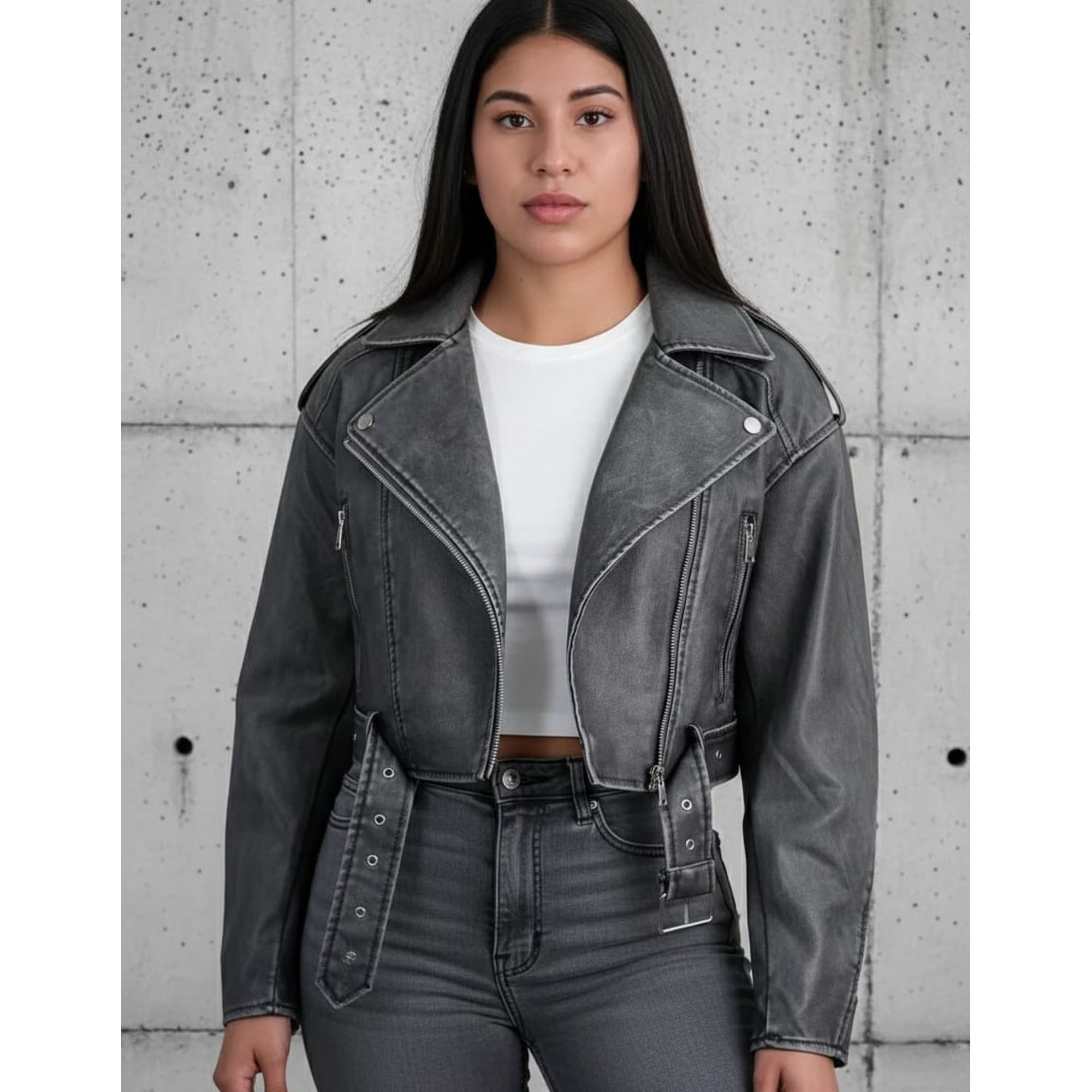 Genérico - Chaqueta Biker De Ecocuero Gris (mujer)
