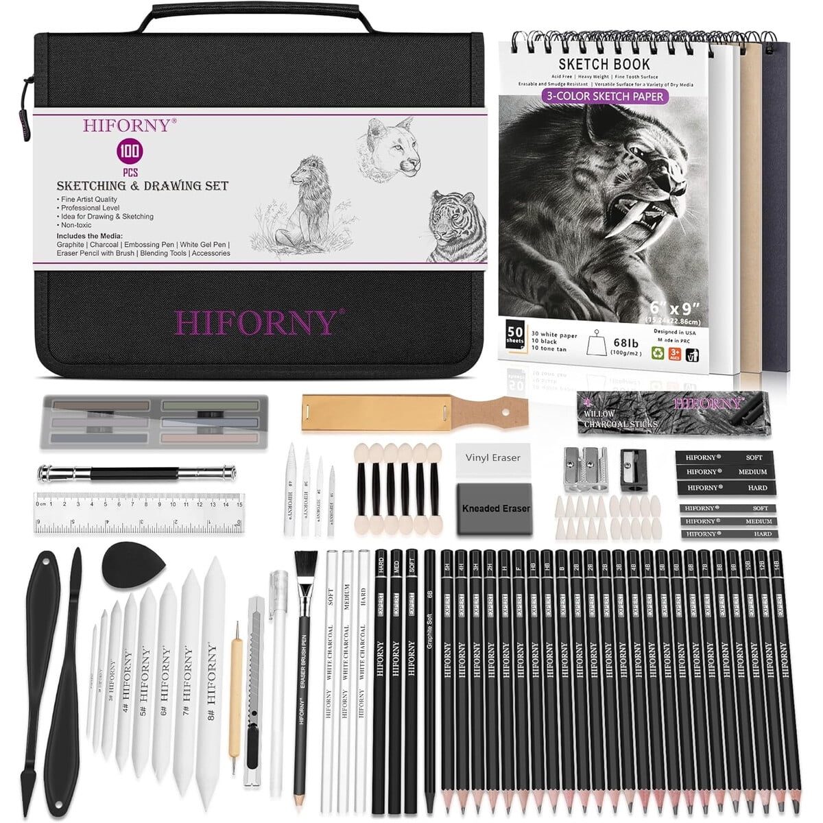 Set De Dibujo Hiforny 100 Piezas Lapices Boceto Carban