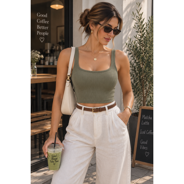 Top Peto Rib Mujer Acanalado Elasticado Sin Mangas Básico beige Talla Única