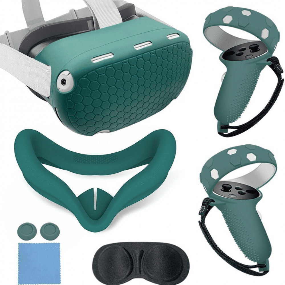 Genérico - Juego De Accesorios De Vr Para Quest 2: Carcasa De Silicona, Empuñaduras Para El Mando, Protector Facial, Tapones Para Los Botones, Juego De Paños Para Las Gafas Y Protector De Lentes-verde