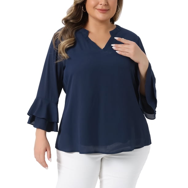 Agnes Orinda Blusas Elegantes de Talla Grande para Mujeres con Mangas Acampanadas 3/4, Camisas de Trabajo de Chifón de Doble Capa 2X Azul Marino