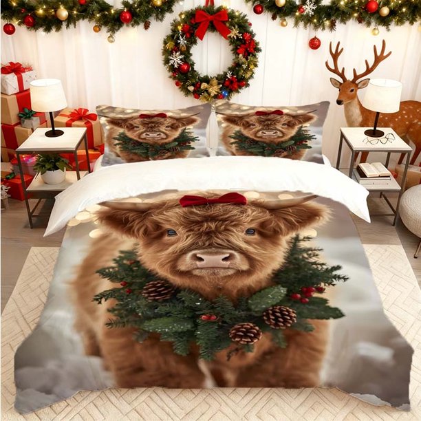 Calf Wearing Christmas Bow Printed Duvet Cover Set Bedding Set Duvet Cover + Two Pillowcases Soft and Breathable Suitable for Home/Guest Room All-Season Use Ide