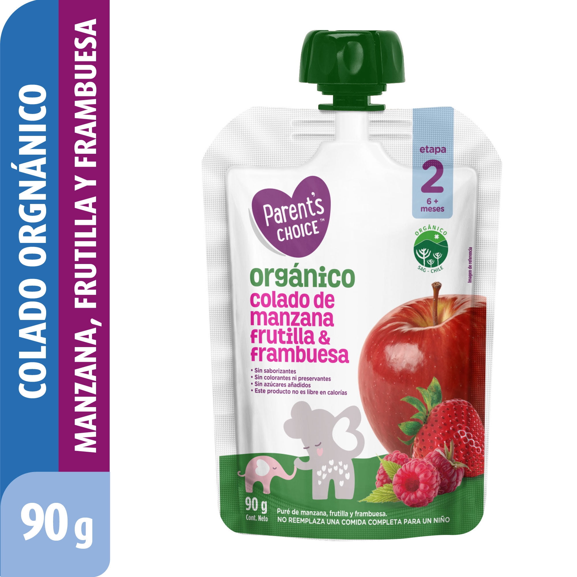 Colado Orgánico De Manzana, Frutilla Y Frambuesa 90 g Parent's Choice