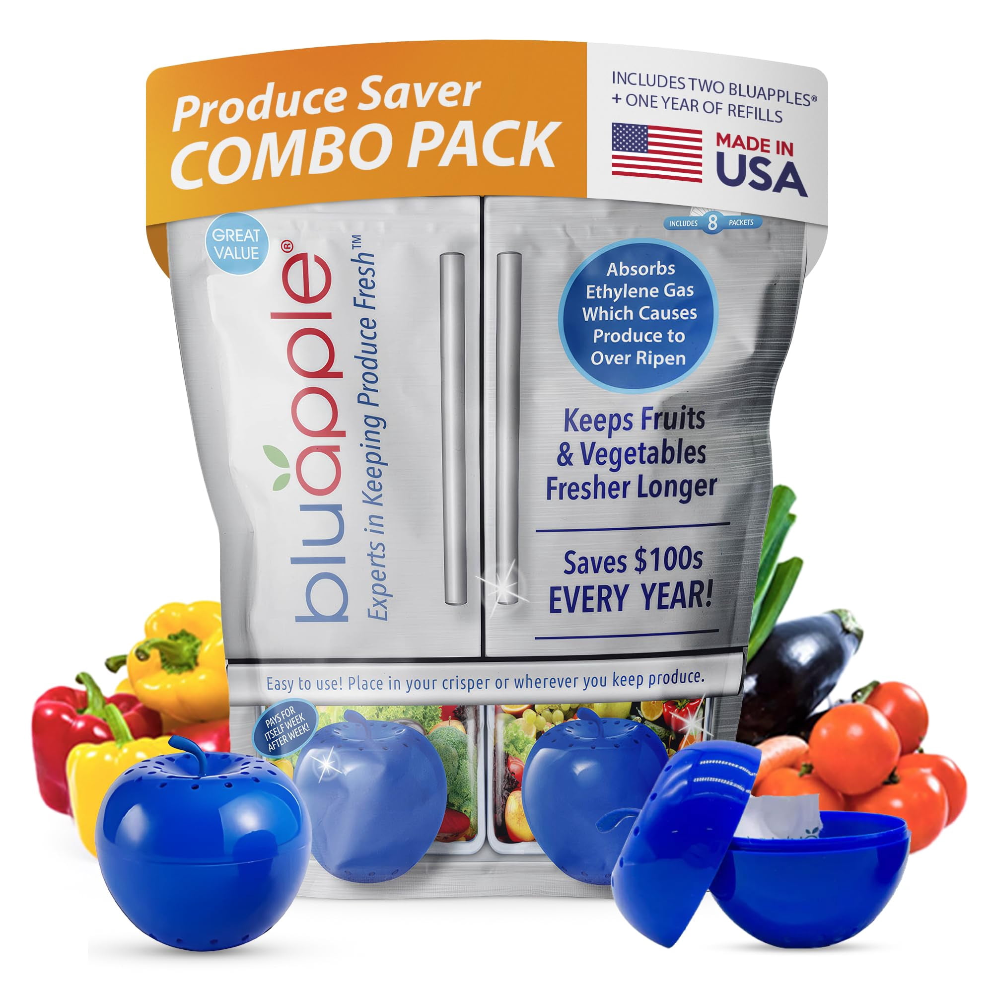 Absorbedor De Gas Etileno Produce Saver Bluapple, 8 Paquetes + 2