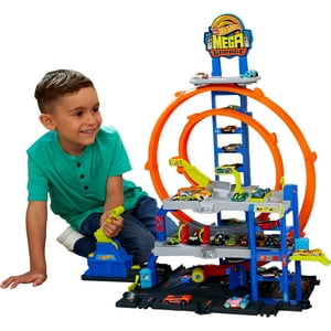 Set De Atletismo Para Coches De Juguete Hot Wheels Mega Loop Garage Con Coche Y Helicóptero