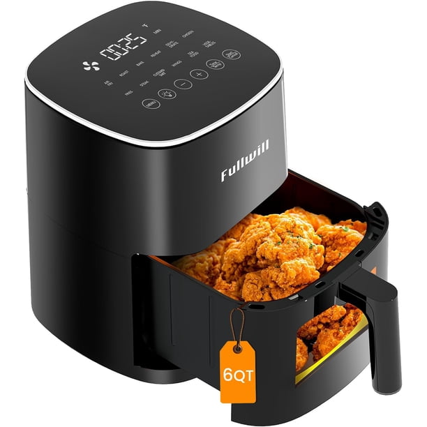Freidora de aire Fullwill 6QT con ventana visible, recubrimiento antiadherente y 1700W, negra