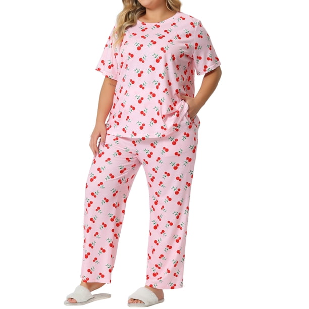 Agnes Orinda Conjunto de Pijamas de 2 Piezas para Mujer de Talla Grande Estampado de Cerezas Cuello Redondo Manga Corta