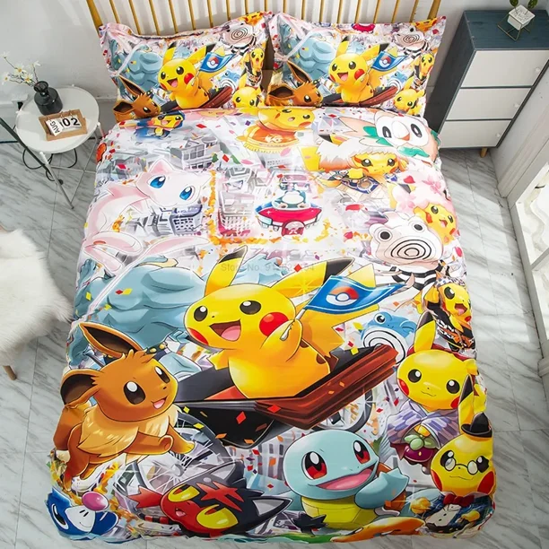 Japan Anime Pokemon Pikachu Comforter Duvet Cover Bedding Sets for Students Teens Quilt Cover Pillowcases Kids Birthday Gift Bed Sheets