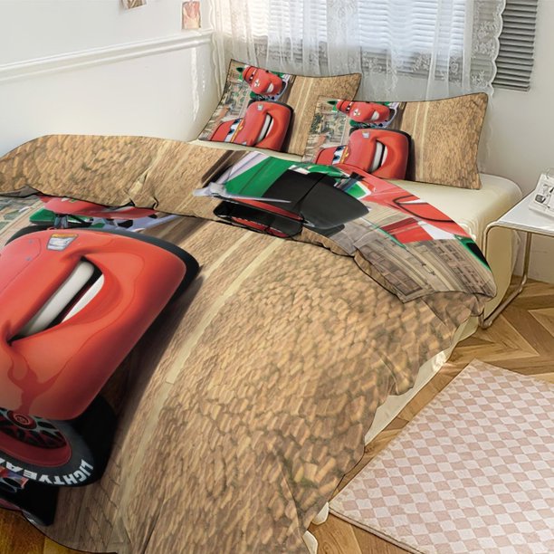 Cartoon Cars Lightning McQueen Friend Boys Room Decor Size Bedding Set for Kids 3 Piece Bedding