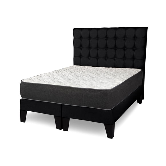 Cama King size completa Base americana + colchón de resortes + respaldo cuadros negro