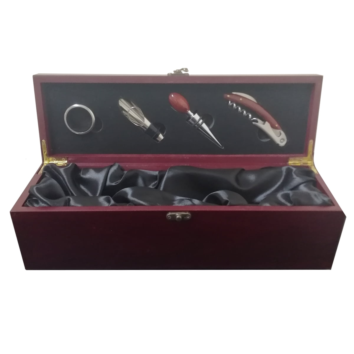Importclick - Caja De Madera Barnizada Con 4 Accesorios Metálicos De Vino