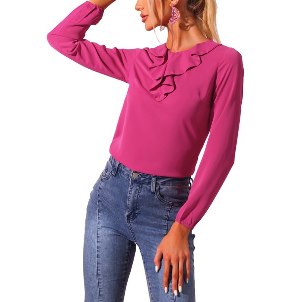 INSPIRE CHIC Blusa de Manga Larga con Cuello con Volantes para el Día de San Valentín de Regreso a Clases para Mujer XL Rosa Fucsia-Sólido