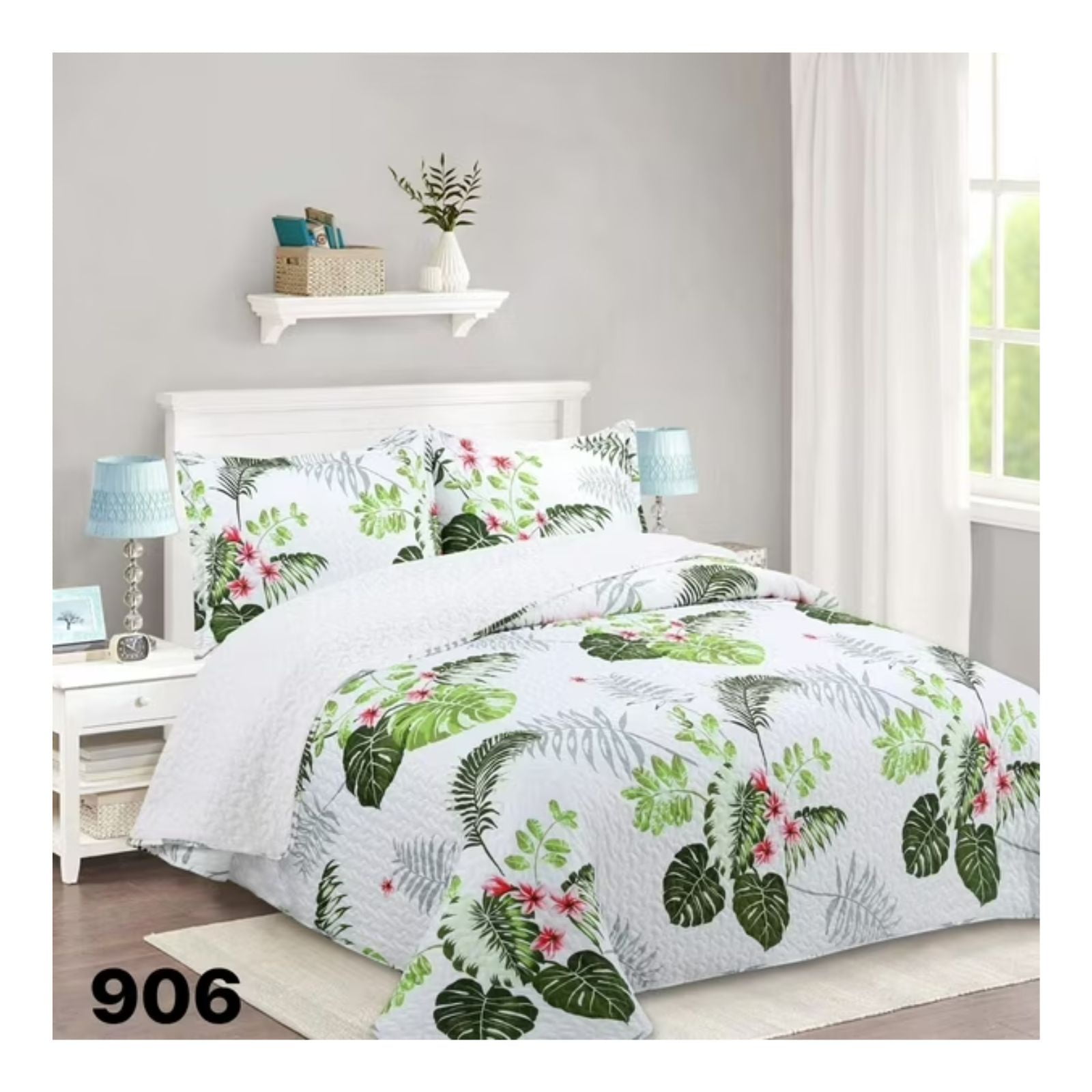 Genérico - Cubrecama Sherpa 1.5 Plazas - Blanco Hojas Verdes M906