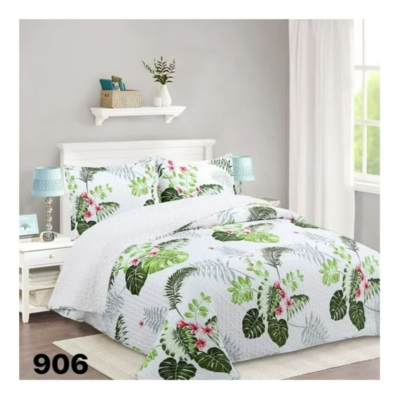 Cubrecama Sherpa 1.5 Plazas - Blanco Hojas Verdes M906
