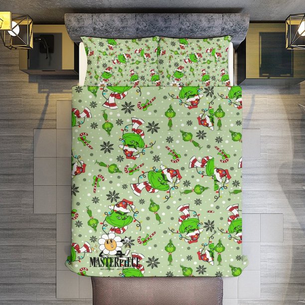 Whimsical Grinch Christmas Seamless Pattern 3 Pieces Duvet Cover Set Full Size Super Soft Fade Resistant Microfiber